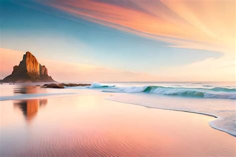 Premium AI Image | A beach with a sunset and a pink sky