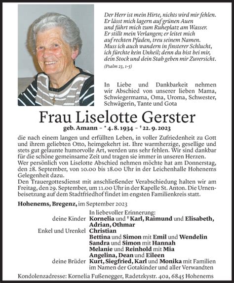 Todesanzeigen Von Liselotte Gerster Todesanzeigen Vorarlberger