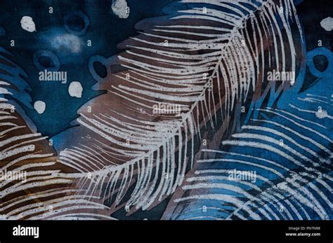 Feathers Hot Batik Background Texture Handmade On Silk Abstract Surrealism Art Stock Photo