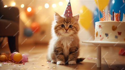 Premium Ai Image Cute Cat Kitten Celebrating His Birthday With Home