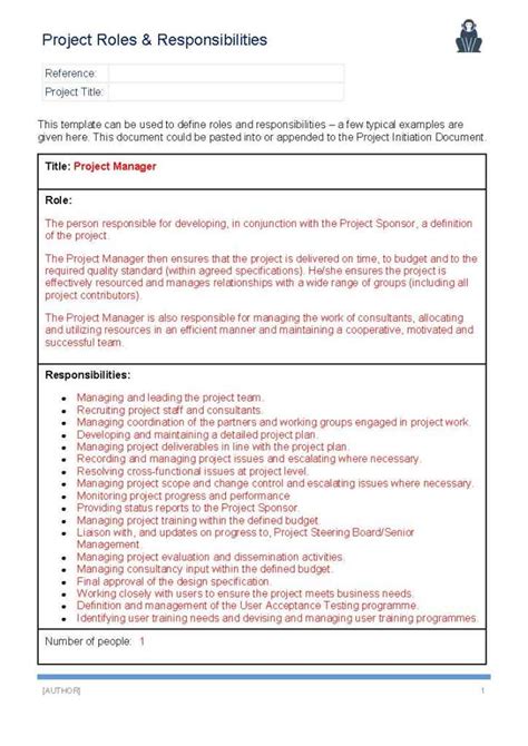 Roles And Responsibilities Template Project Manager