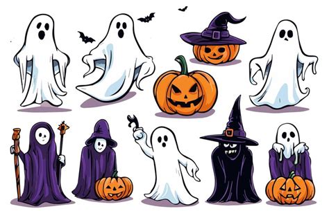 Premium Vector Set Halloween Vector Illustrations Ghosts And Pumpkins With Bats On White