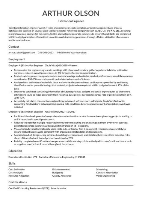 Estimation Engineer Resume Cv Example And Writing Guide