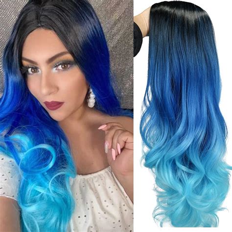 hanne long hair body wave ombre bluish teal blue wig  tone colors