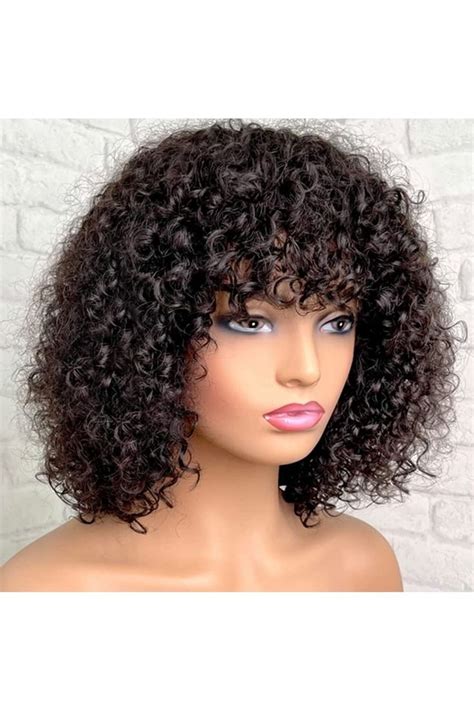 Insbeauty Short Curly Wigs With Bangs Brazilian Human Hair Wigs Cheap