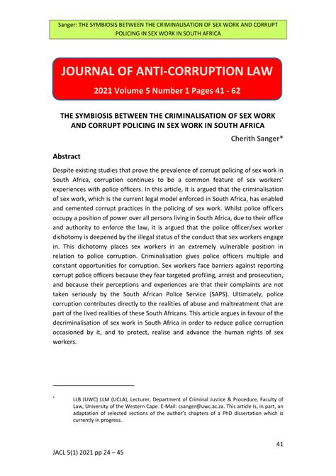 Pdf Sanger The Symbiosis Between The Criminalisation Of Sex Work And Corrupt Policing In Sex