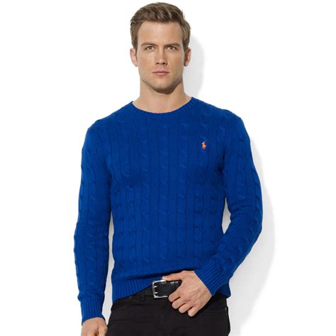 Lyst Ralph Lauren Roving Crew Neck Cable Cotton Sweater In Blue For Men