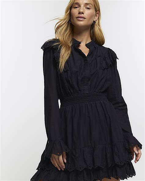 Black Frill Mini Shirt Dress River Island