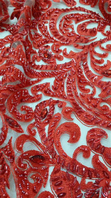 Cm Red Embroidered Beaded Lace Fabric Beaded Bridal Lace By The Yard