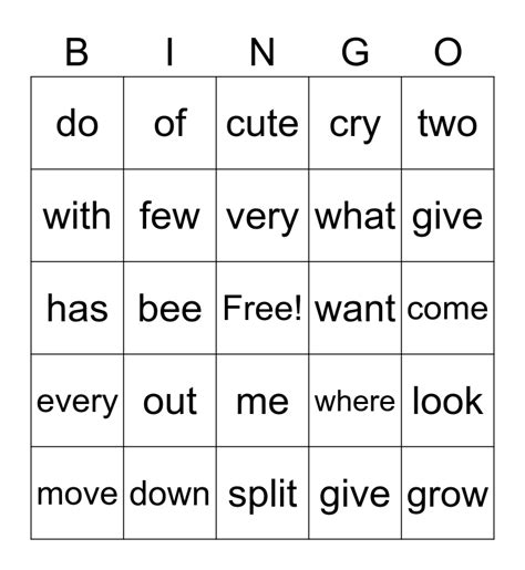 Word Bingo Card