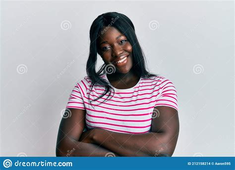 African Young Woman Wearing Casual Striped T Shirt Happy Face Smiling