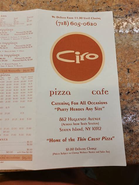 Menu At Ciro Pizza Cafe New York City 862 Huguenot Ave