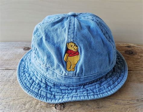 Vintage Winnie The Pooh Disneyland Denim Bucket Hat Embroidered Sun Cap