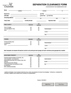 Fillable Online Uc Separation Clearance Form University Of Cincinnati