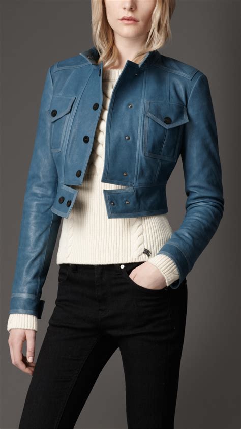 Burberry Cropped Leather Jacket In Blue Lyst