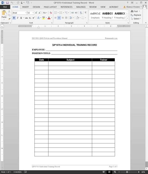 Individual Training Record Iso Template