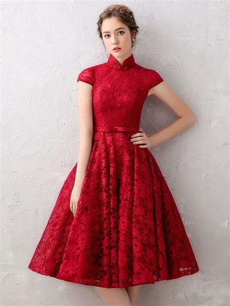 Wine Red A Line Lace Qipao Cheongsam Wedding Dress Vintage Dresses