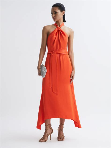 Fitted Halter Neck Midi Dress In Orange Reiss