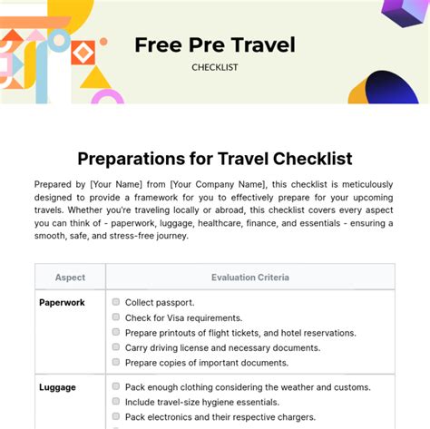 Free Pre Travel Checklist Template Edit Online And Download