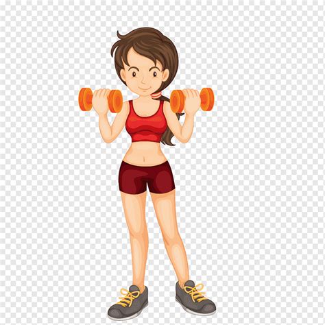 Woman holding pair of orange dumbbells, Bodybuilding Cartoon Dumbbell ...