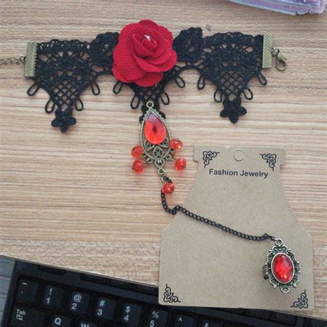 Pc Elegant Gothic Style Lace Red Rose Bracelet With Adjustable Finger