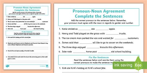 Complete The Sentences Pronoun Noun Agreement Worksheet