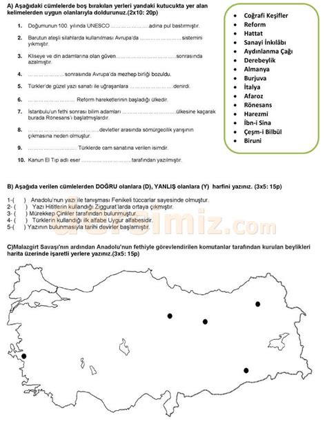 7 Sınıflar sosyal bilgiler dersi 2 dönem 1 yazılı sınav soruları