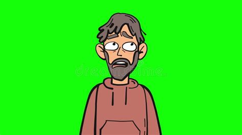 Shocked Bearded Man Cartoon Animation Isolated On Green Screen Stock