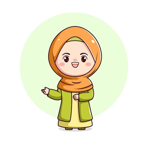 Linda Garota Hijab Cumprimentando Personagem Plano Kawaii Chibi Vetor