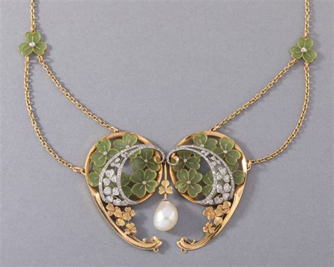 Proantic French Art Nouveau Necklace In Gold Pearl Fine Enamel And Di