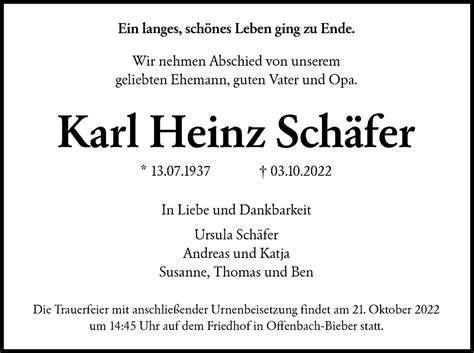 Traueranzeigen Von Karl Heinz Schäfer Trauerop Onlinede