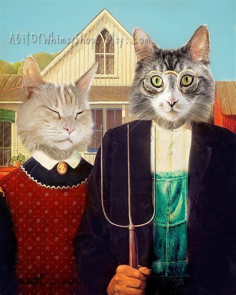 American Gothic Cat Art Maine Coon Whimsical Art Fun Fine - Etsy