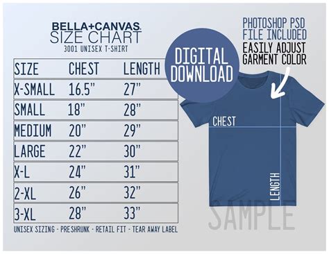 Bella Canvas 3001 Size Chart Bella Canvas Size Chart Etsy