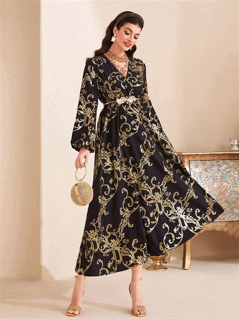 Shein Najma Baroque Print Lantern Sleeve Belted Dress Shein Usa