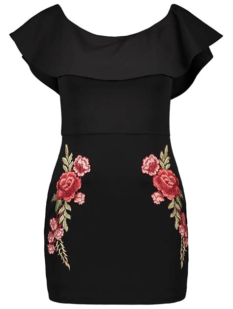 Floral Embroidered Off Shoulder Bodycon Dress Black S Long Sleeve