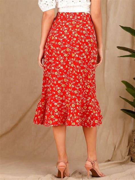 Ditsy Floral Print Ruffle Trim Wrap Skirt S Red Wrap Skirt