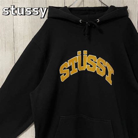 ブラック・ Stussy ステューシー パーカー Xl パイルロゴ センターロゴ アーチ いたします