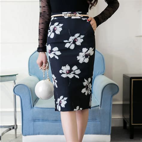 Elegant Sexy Flower Printed Office Lady Pencil Skirt 2018 Elastic