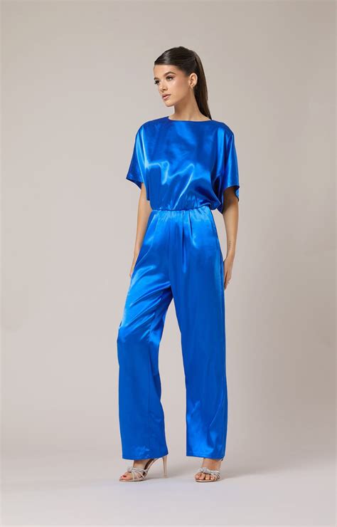Royal Blue Satin Jumpsuit, Wide Leg Bridesmaid Overalls Cocktail Party
