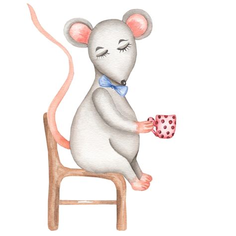 Premium Photo Little Grey Mouse Sitting On The Chair With Cup