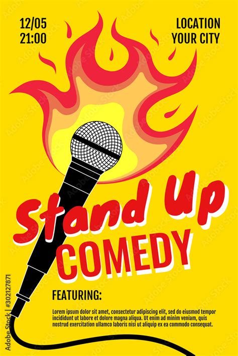 Stand Up Comedy Night Live Show A3 A4 Poster Design Template Standup Microphone With Fire On