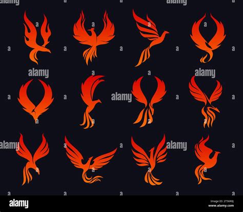 Phoenix Bird Icons Eagle Fire Silhouette Flying On Flame Wings Vector