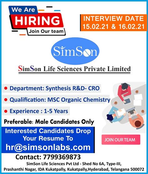 SimSon Life Sciences Pvt Ltd Walk In Interviews For Synthesis R D On