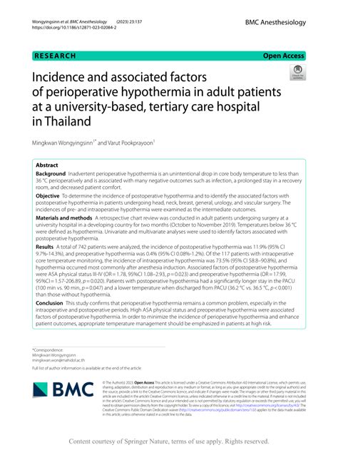 Pdf Incidence And Associated Factors Of Perioperative Hypothermia In