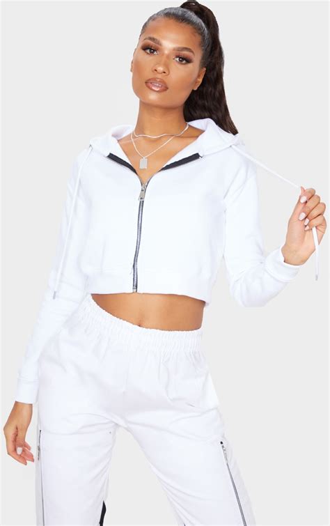 White Crop Zip Hoodie Tops Prettylittlething