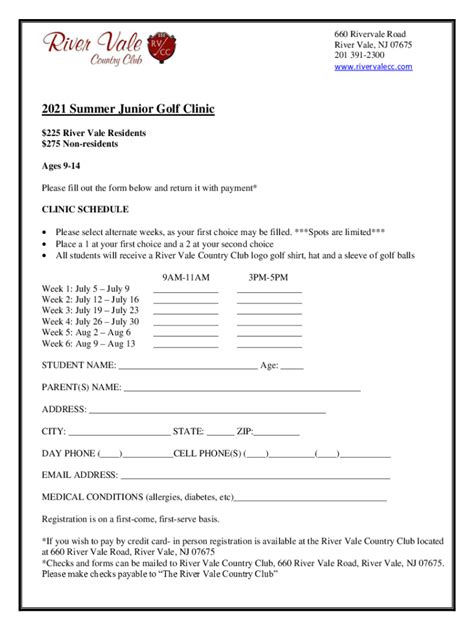 Fillable Online Tee Times River Vale Country Club Fax Email Print