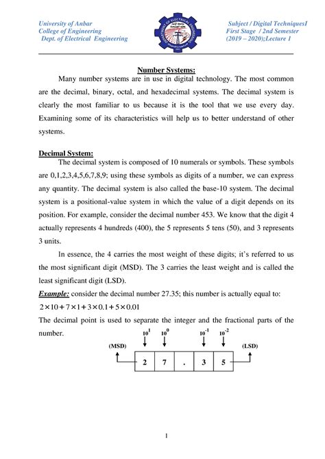 Number Systems College Of Engineering First Stage 2nd Semester Dept Of Electrical