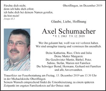 Traueranzeigen Von Axel Schumacher Schwarzw Lder Bote Trauer