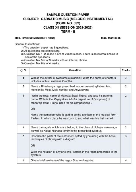 Cbse Class Sample Paper For Carnatic Music Melodic Instrument