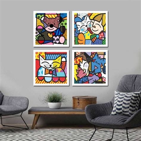 Kit 4 Quadros Romero Britto Moldura REF 1062 MadeiraMadeira